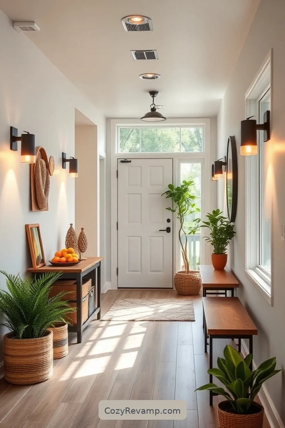 Utilizing Multi-Purpose Storage for 23 Key Elements for a Modern Farmhouse Hallway With Solar Powered Lights