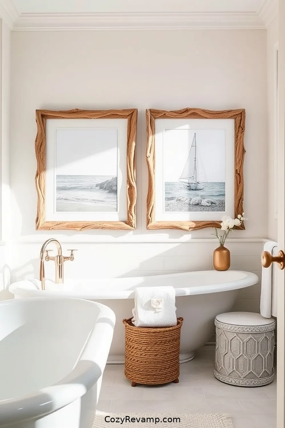 23 Stunning Coastal Bathroom Ideas Featuring Natural Fibers 19 Beach-Themed Artwork With Natural Frames for 23 Stunning Coastal Bathroom Ideas Featuring Natural Fibers