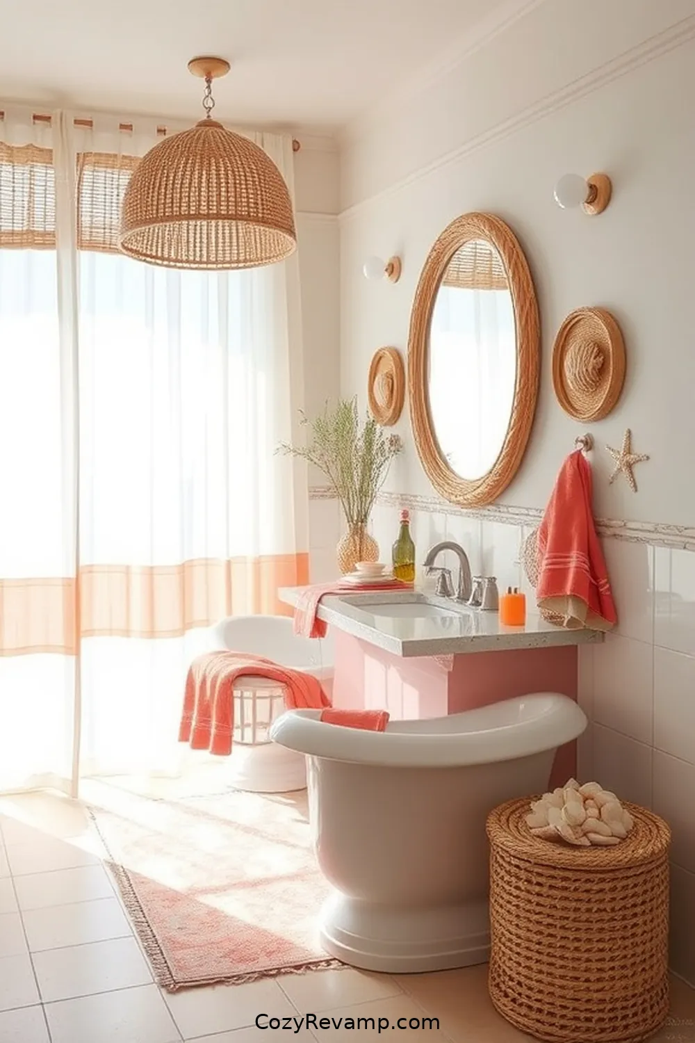 23 Stunning Coastal Bathroom Ideas Featuring Natural Fibers 14 Coral-Colored Accents for a Splash of Color for 23 Stunning Coastal Bathroom Ideas Featuring Natural Fibers