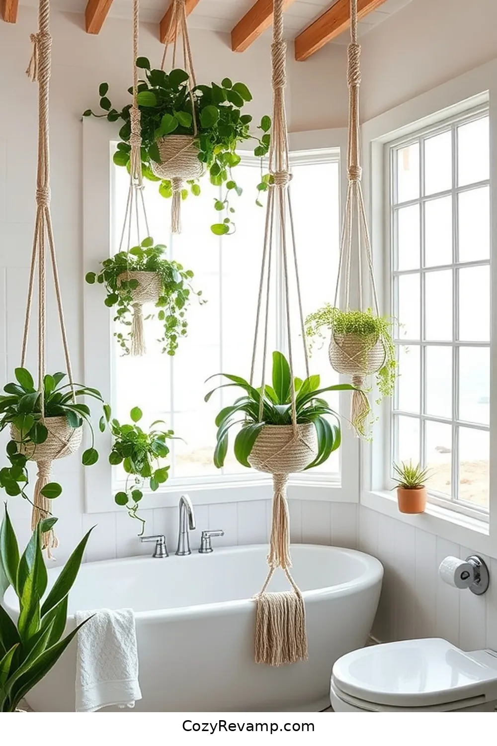 23 Stunning Coastal Bathroom Ideas Featuring Natural Fibers 12 Macramé Plant Hangers for Greenery for 23 Stunning Coastal Bathroom Ideas Featuring Natural Fibers