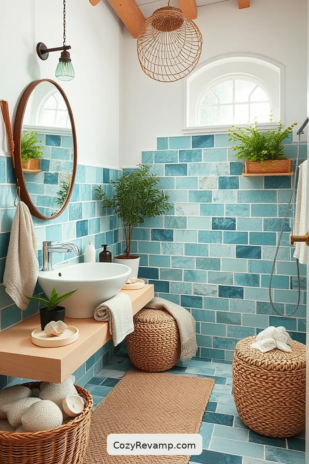 23 Stunning Coastal Bathroom Ideas Featuring Natural Fibers 18 Recycled Glass Decor for Sustainable Style for 23 Stunning Coastal Bathroom Ideas Featuring Natural Fibers