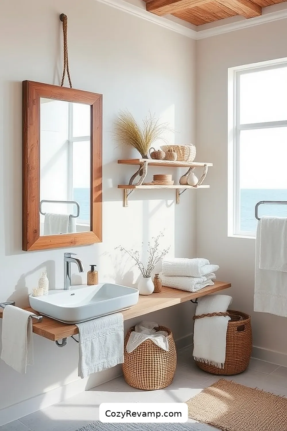 23 Stunning Coastal Bathroom Ideas Featuring Natural Fibers 20 Rustic Wood Mirrors for a Coastal Reflection for 23 Stunning Coastal Bathroom Ideas Featuring Natural Fibers