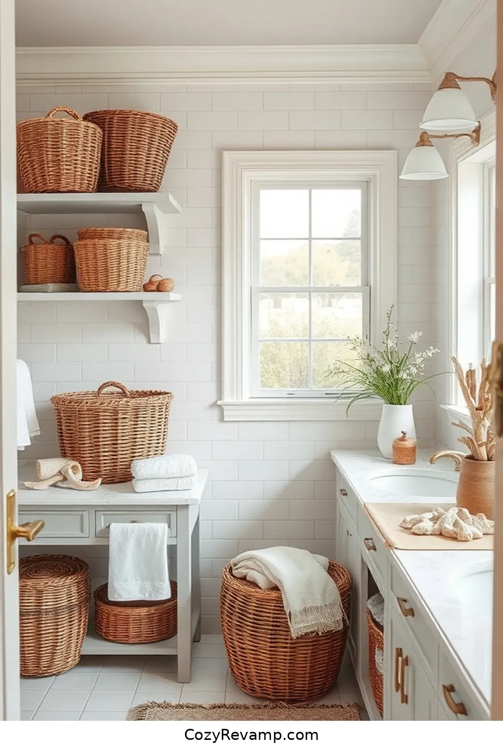 23 Stunning Coastal Bathroom Ideas Featuring Natural Fibers 3 Wicker Baskets for Organized Storage for 23 Stunning Coastal Bathroom Ideas Featuring Natural Fibers