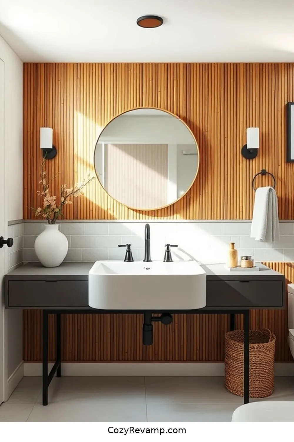 23 Stunning Modern Farmhouse Bathroom Ideas With Bamboo Material 10 Bamboo Accent Wall Behind the Sink for 23 Stunning Modern Farmhouse Bathroom Ideas With Bamboo Material