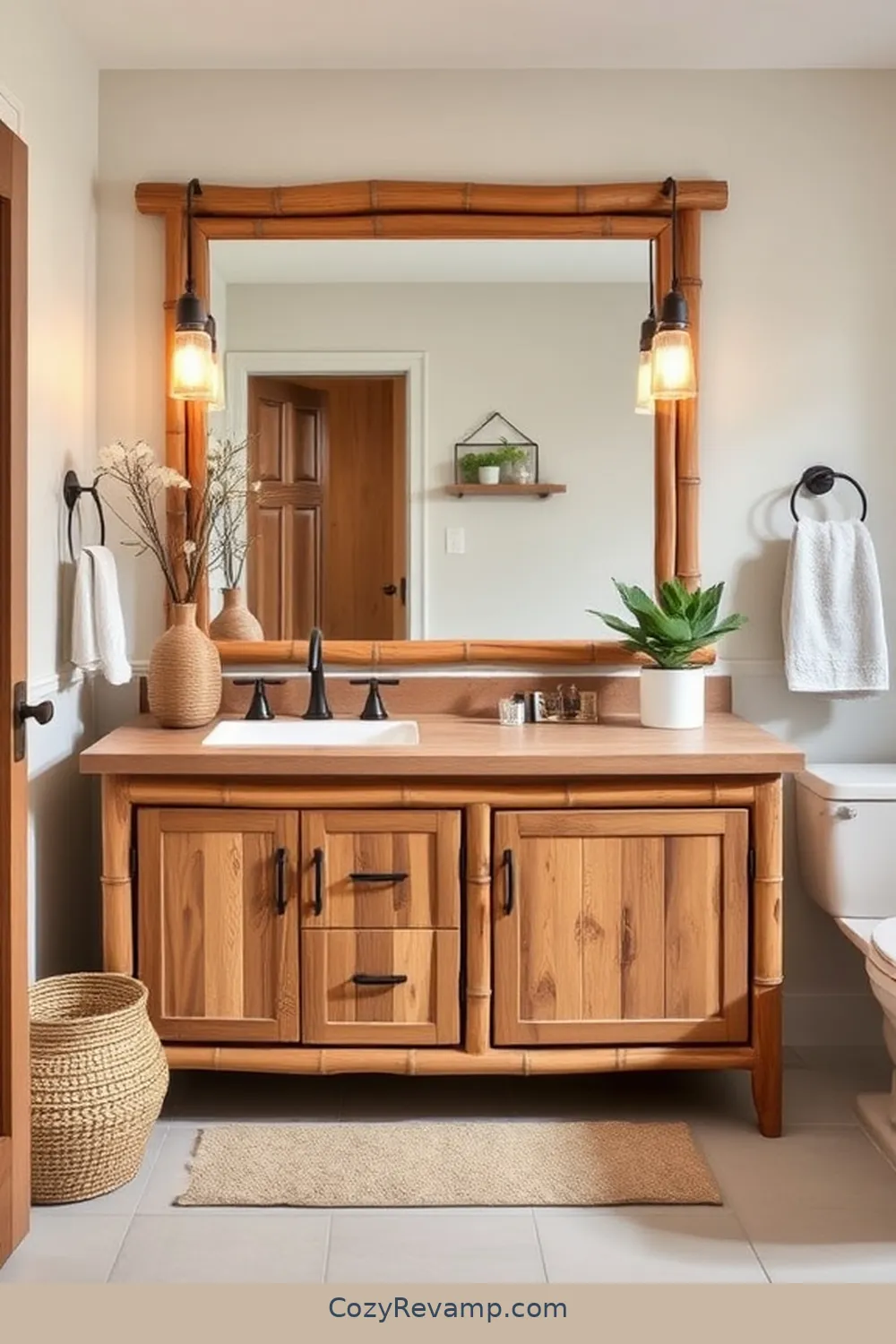 23 Stunning Modern Farmhouse Bathroom Ideas With Bamboo Material 2 Bamboo Vanity With Rustic Accents for 23 Stunning Modern Farmhouse Bathroom Ideas With Bamboo Material