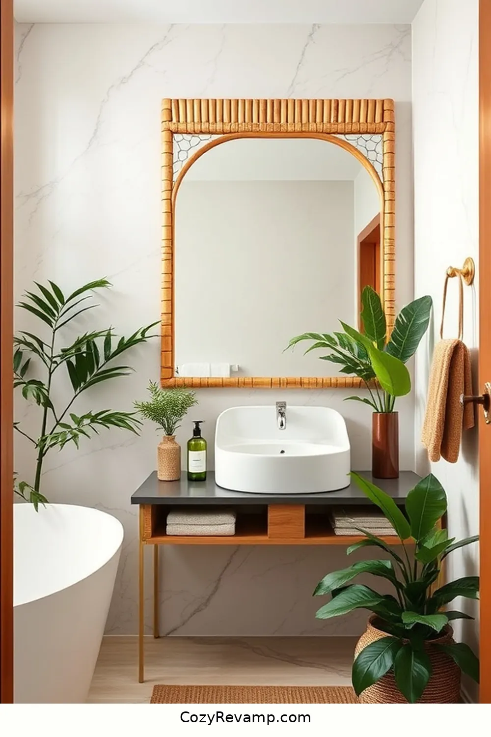 23 Stunning Modern Farmhouse Bathroom Ideas With Bamboo Material 9 Statement Bamboo Mirror for 23 Stunning Modern Farmhouse Bathroom Ideas With Bamboo Material