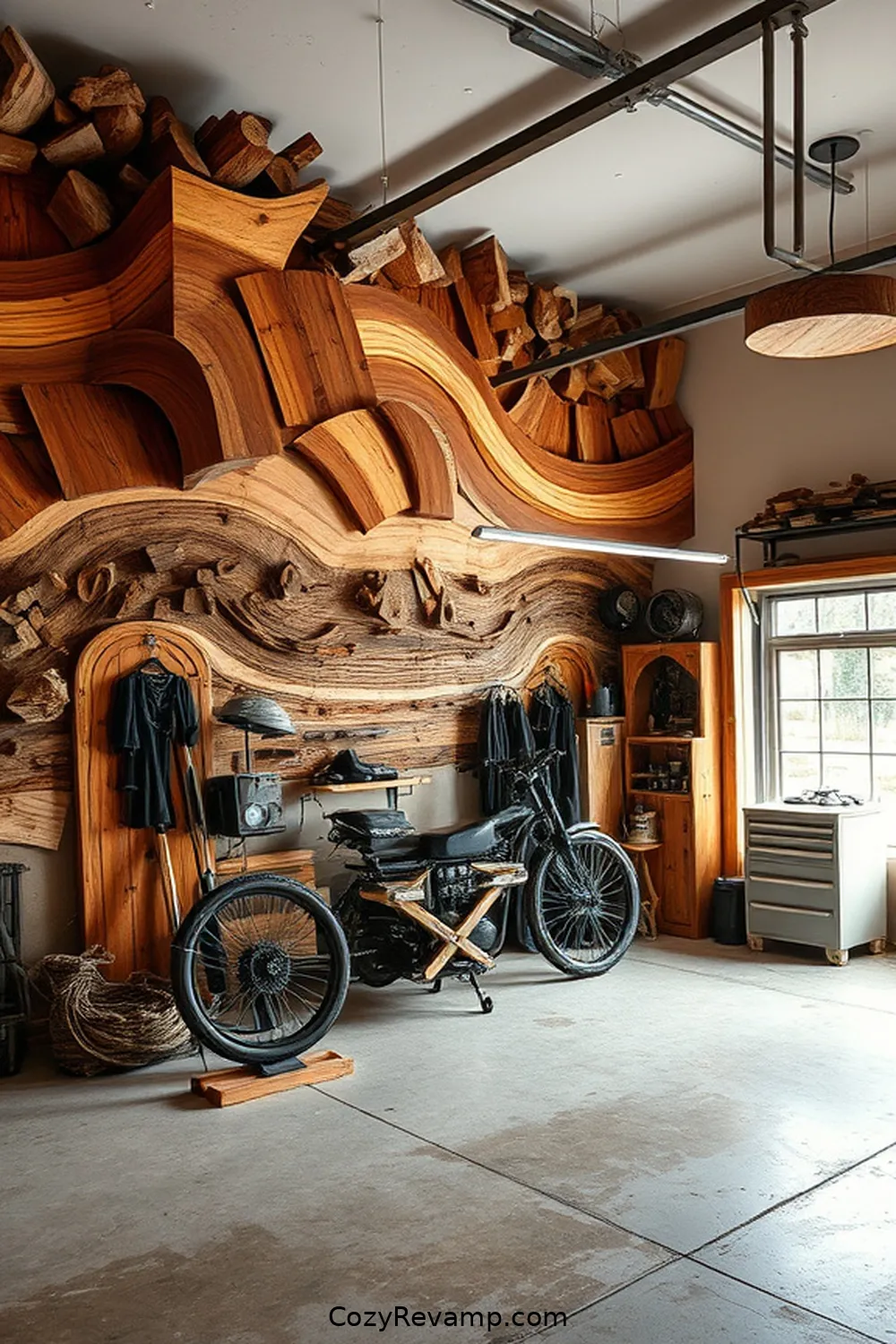 Artistic Garage With Creative Recycled Wood Installations for 23 Stunning Rustic Garage Designs With Recycled Wood Material