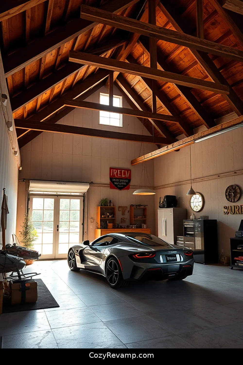 Open-Concept Garage With Exposed Wood Beams for 23 Stunning Rustic Garage Designs With Recycled Wood Material
