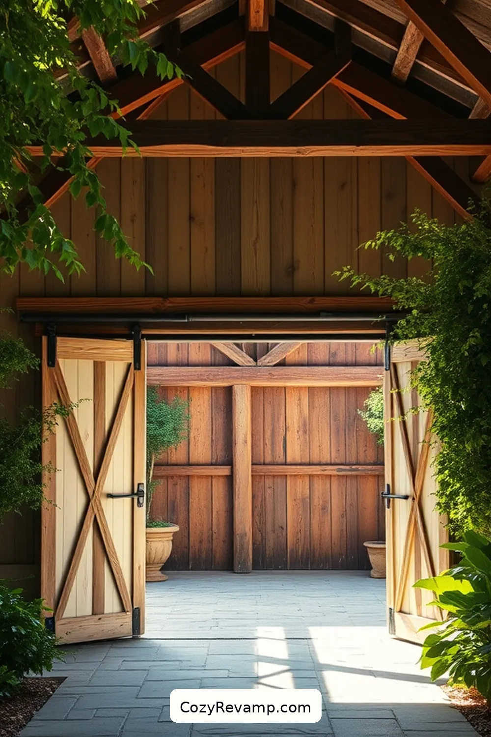 Rustic Chic Garage With Barn Door Entrance for 23 Stunning Rustic Garage Designs With Recycled Wood Material