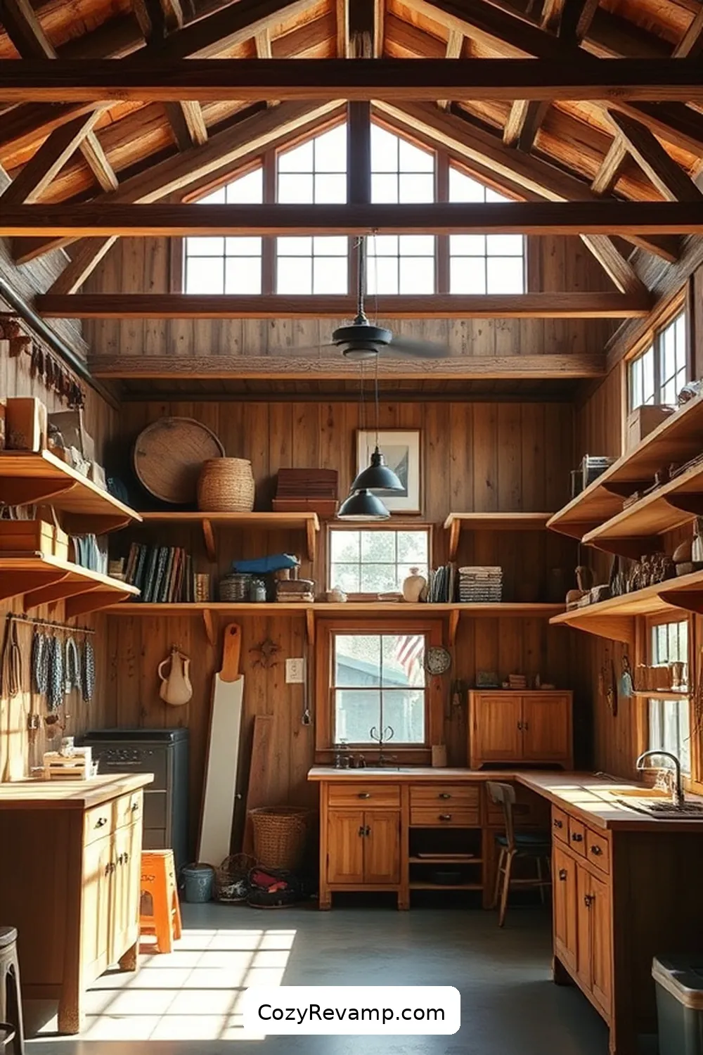 Rustic Workshop Garage With Custom Wood Shelving for 23 Stunning Rustic Garage Designs With Recycled Wood Material