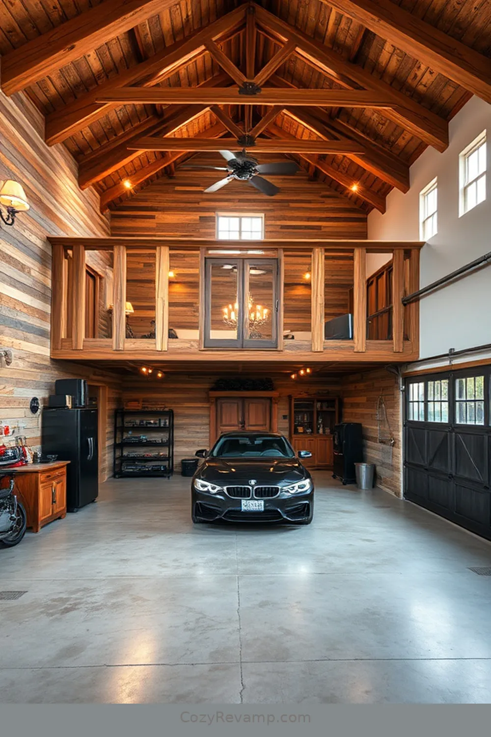 Spacious Garage With Rustic Wood Loft Area for 23 Stunning Rustic Garage Designs With Recycled Wood Material
