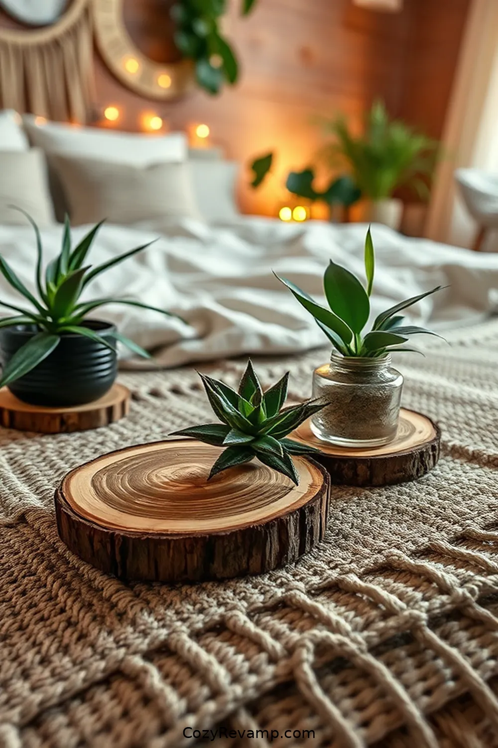 23 Ways to Create a Bohemian Bedroom With Recycled Wood Material 10 Wood Slice Coasters for 23 Ways to Create a Bohemian Bedroom With Recycled Wood Material