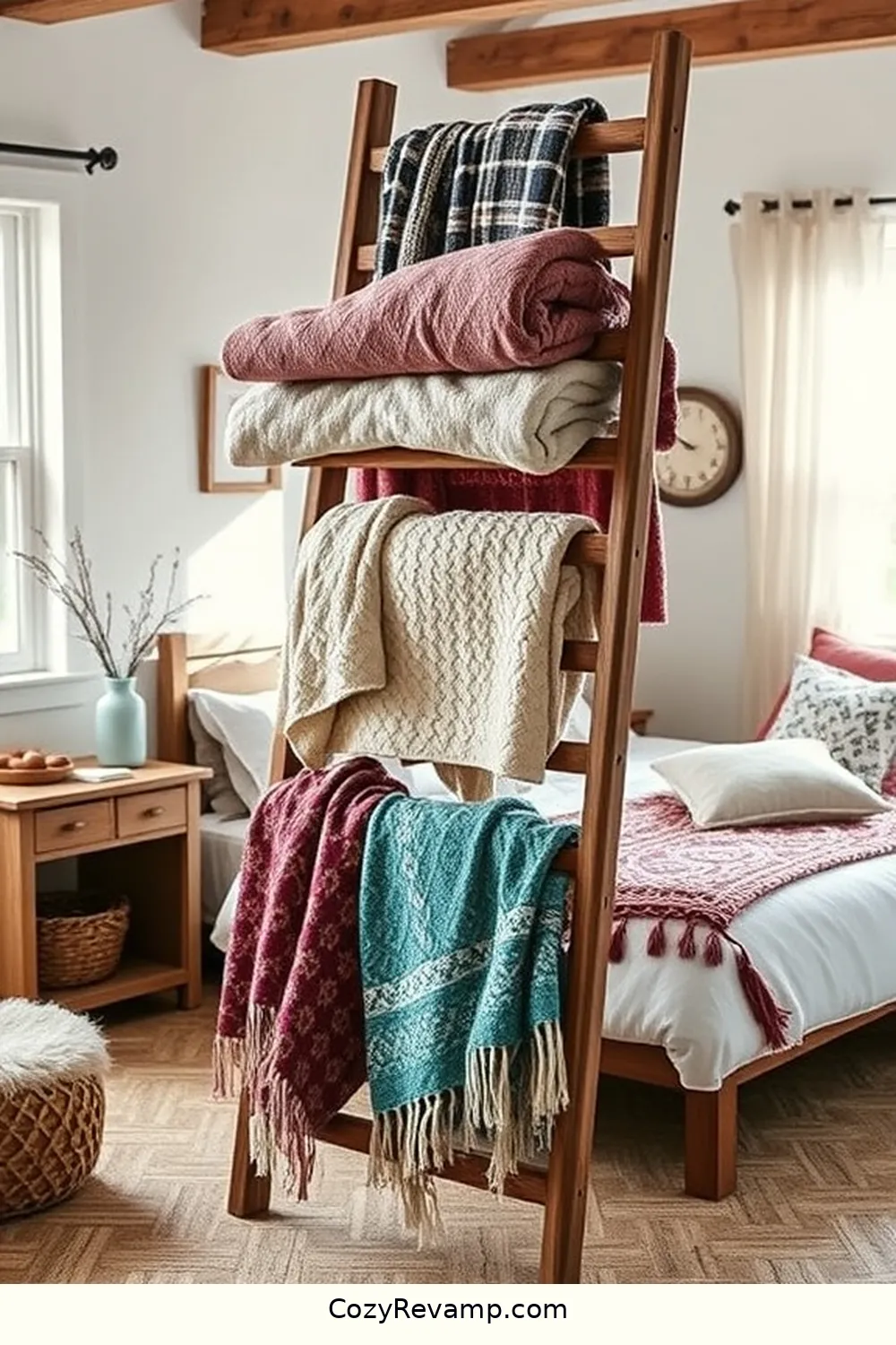 23 Ways to Create a Bohemian Bedroom With Recycled Wood Material 13 Wooden Ladder Blanket Rack for 23 Ways to Create a Bohemian Bedroom With Recycled Wood Material