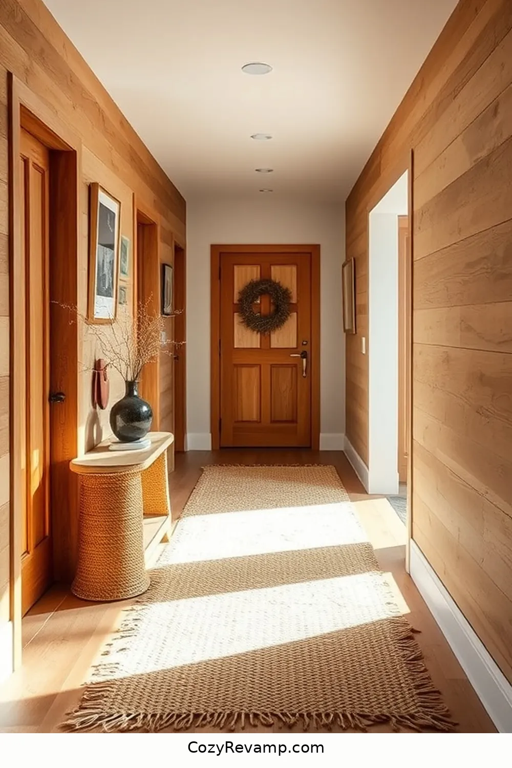 Natural Wood Accents for Authenticity for 24 Design Ideas for a Modern Farmhouse Hallway With Natural Fibers Material