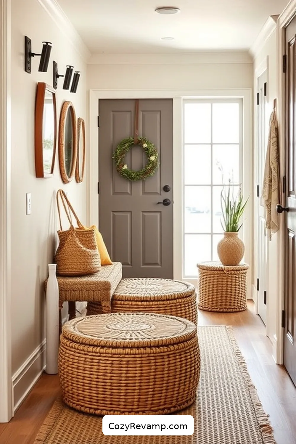 Rattan Storage Ottomans for Versatility for 24 Design Ideas for a Modern Farmhouse Hallway With Natural Fibers Material
