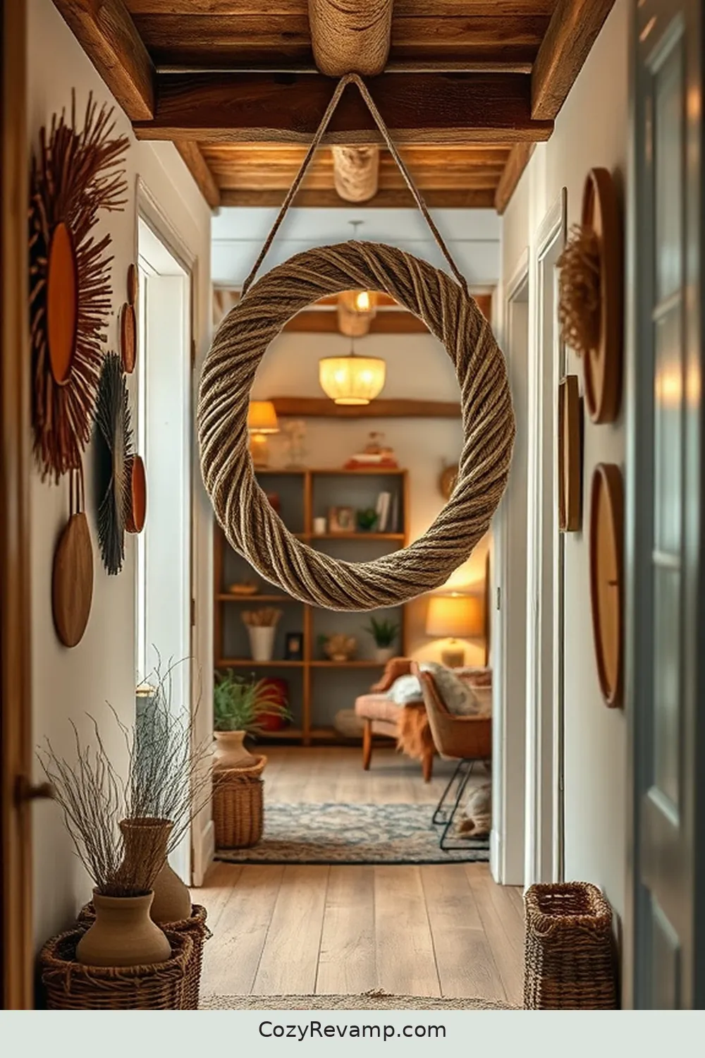 Twine-Wrapped Mirrors for Rustic Charm for 24 Design Ideas for a Modern Farmhouse Hallway With Natural Fibers Material
