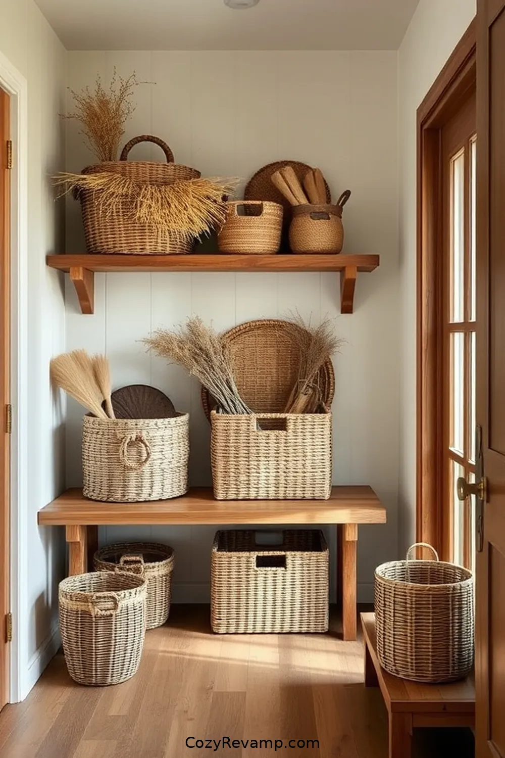 Woven Baskets for Stylish Storage for 24 Design Ideas for a Modern Farmhouse Hallway With Natural Fibers Material
