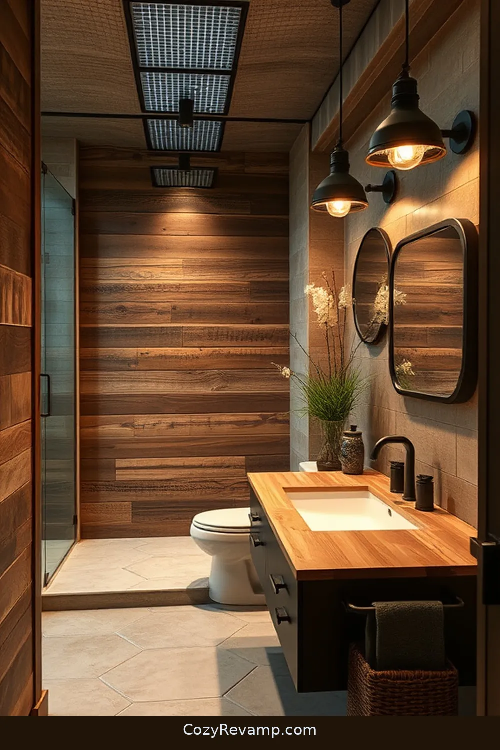 Reclaimed Wood Accents for 24 Essential Materials for Industrial Bathrooms With Solar-Powered Lights