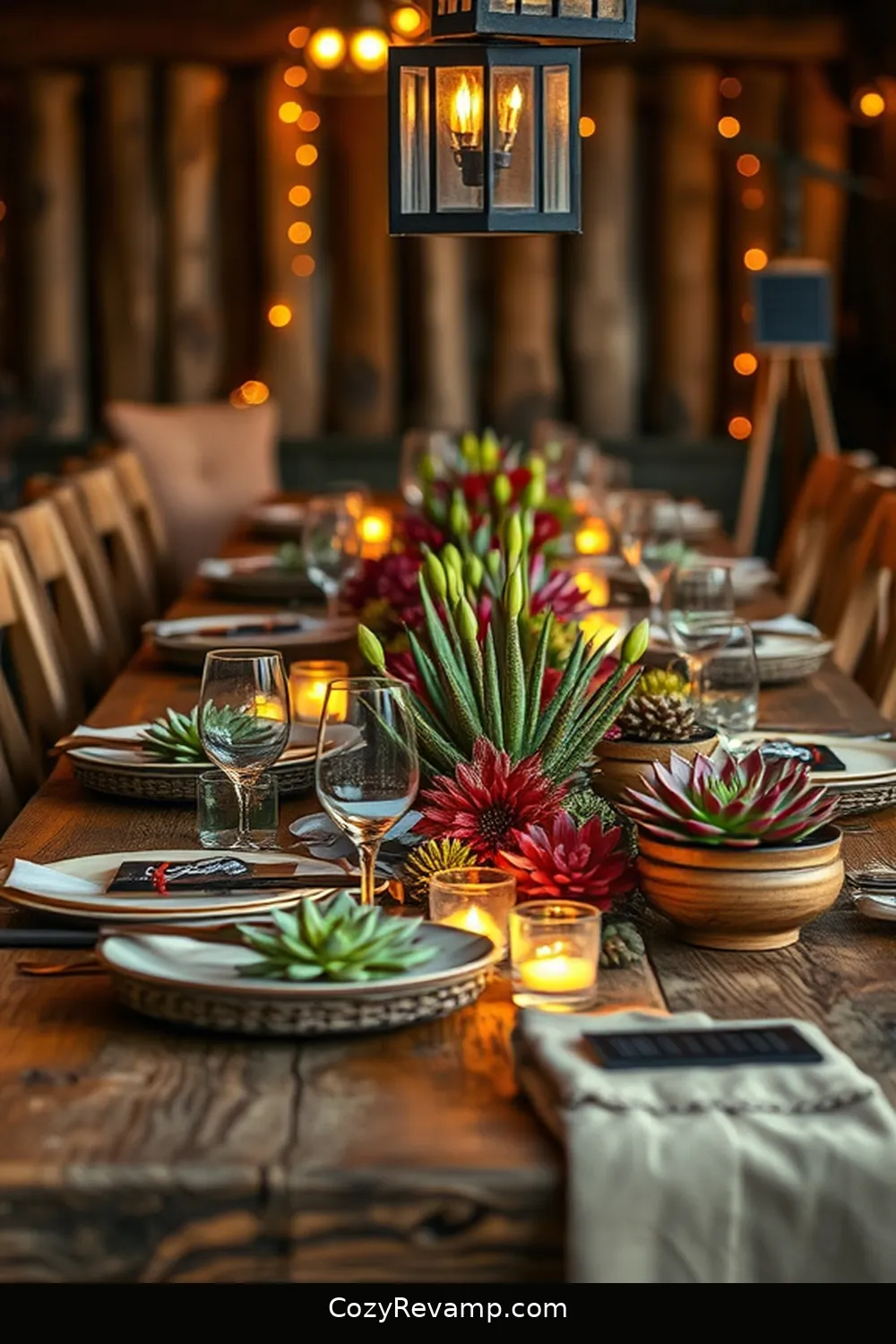 24 Essential Materials for Rustic Dining Rooms With Solar-Powered Lights 16 Succulent Centerpieces for 24 Essential Materials for Rustic Dining Rooms With Solar-Powered Lights