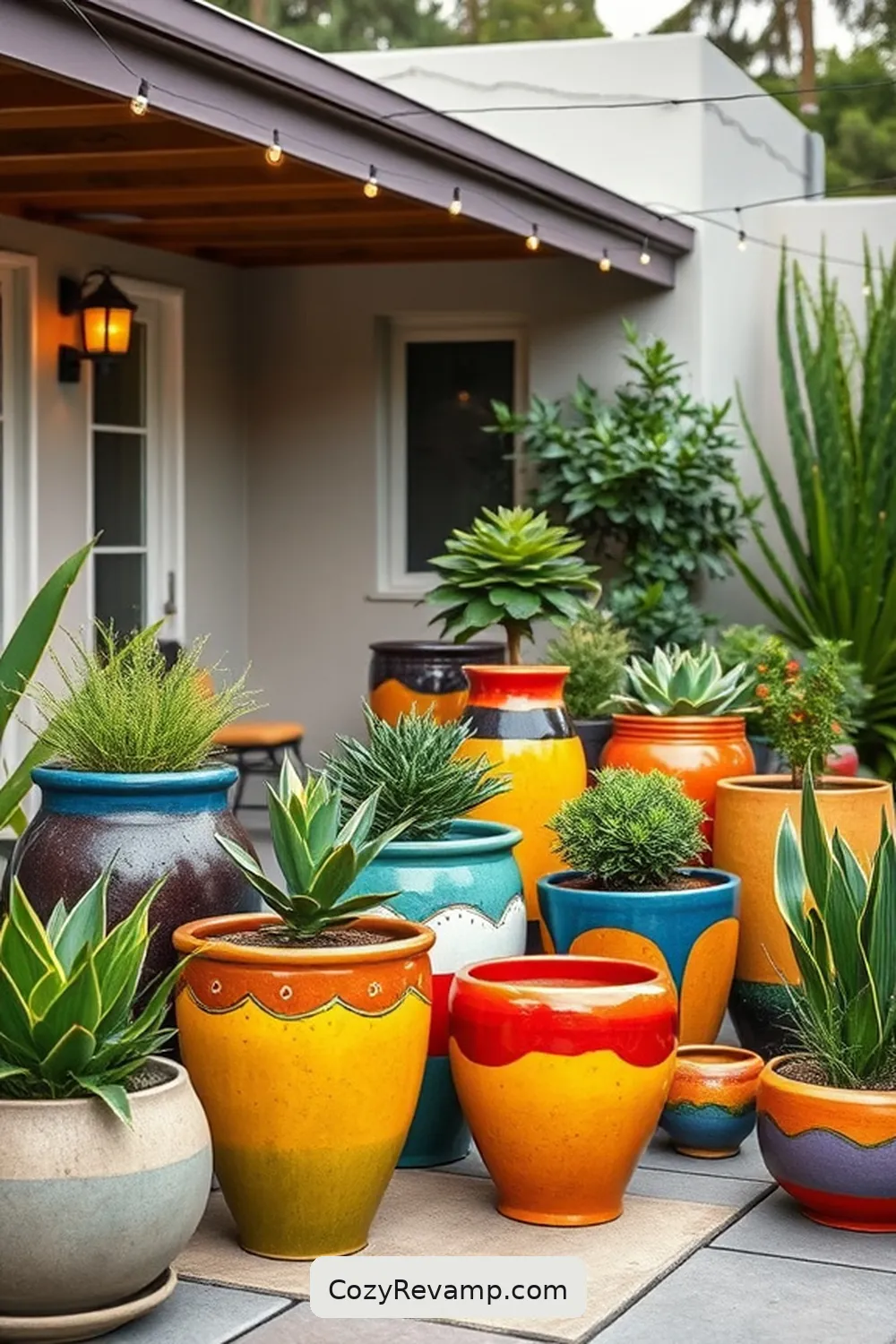 Colorful Ceramic Planters for 24 Essential Materials for a Mid-Century Modern Outdoor Patio With Solar-Powered Lights