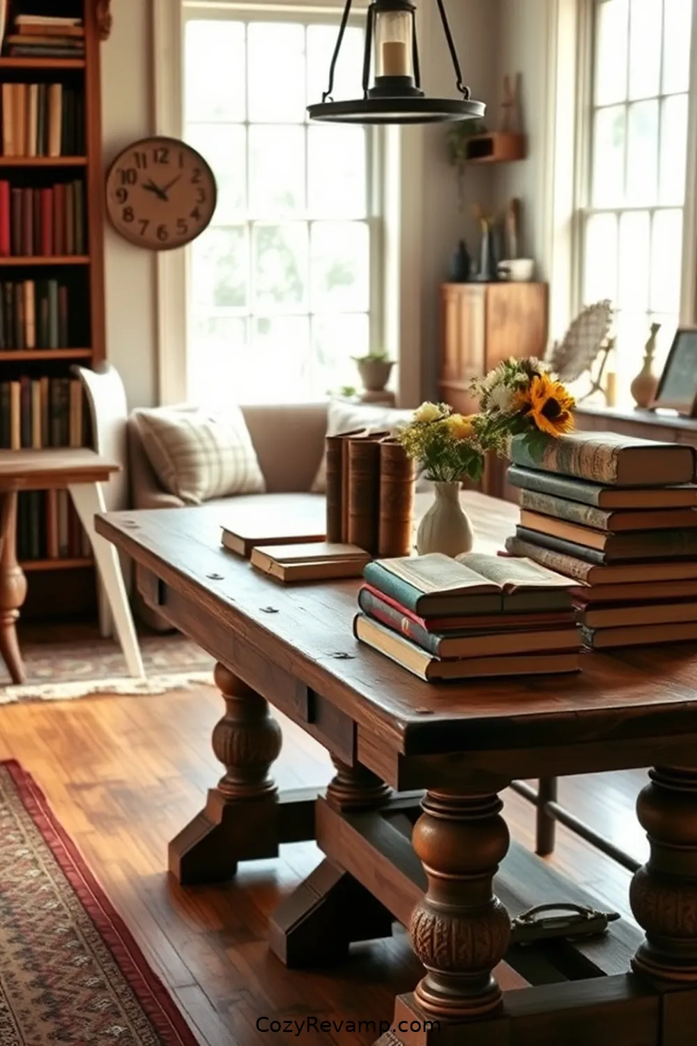 Antique Table as a Reading Surface for 24 Inspiring Ideas for a Modern Farmhouse Library With Reclaimed Materials