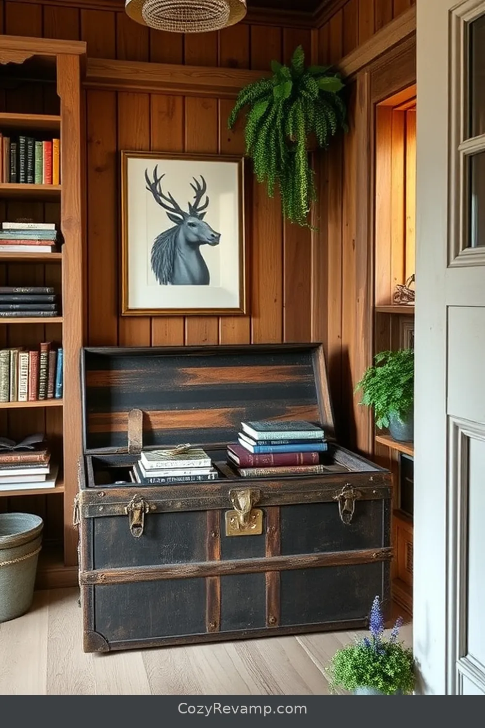 Antique Trunk for Hidden Storage for 24 Inspiring Ideas for a Modern Farmhouse Library With Reclaimed Materials