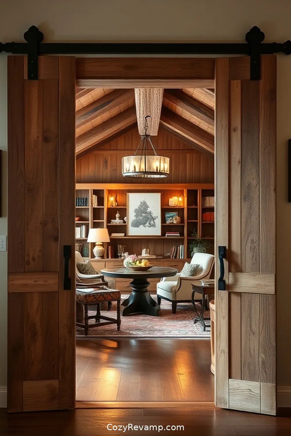 Barn Door Library Entrance for 24 Inspiring Ideas for a Modern Farmhouse Library With Reclaimed Materials