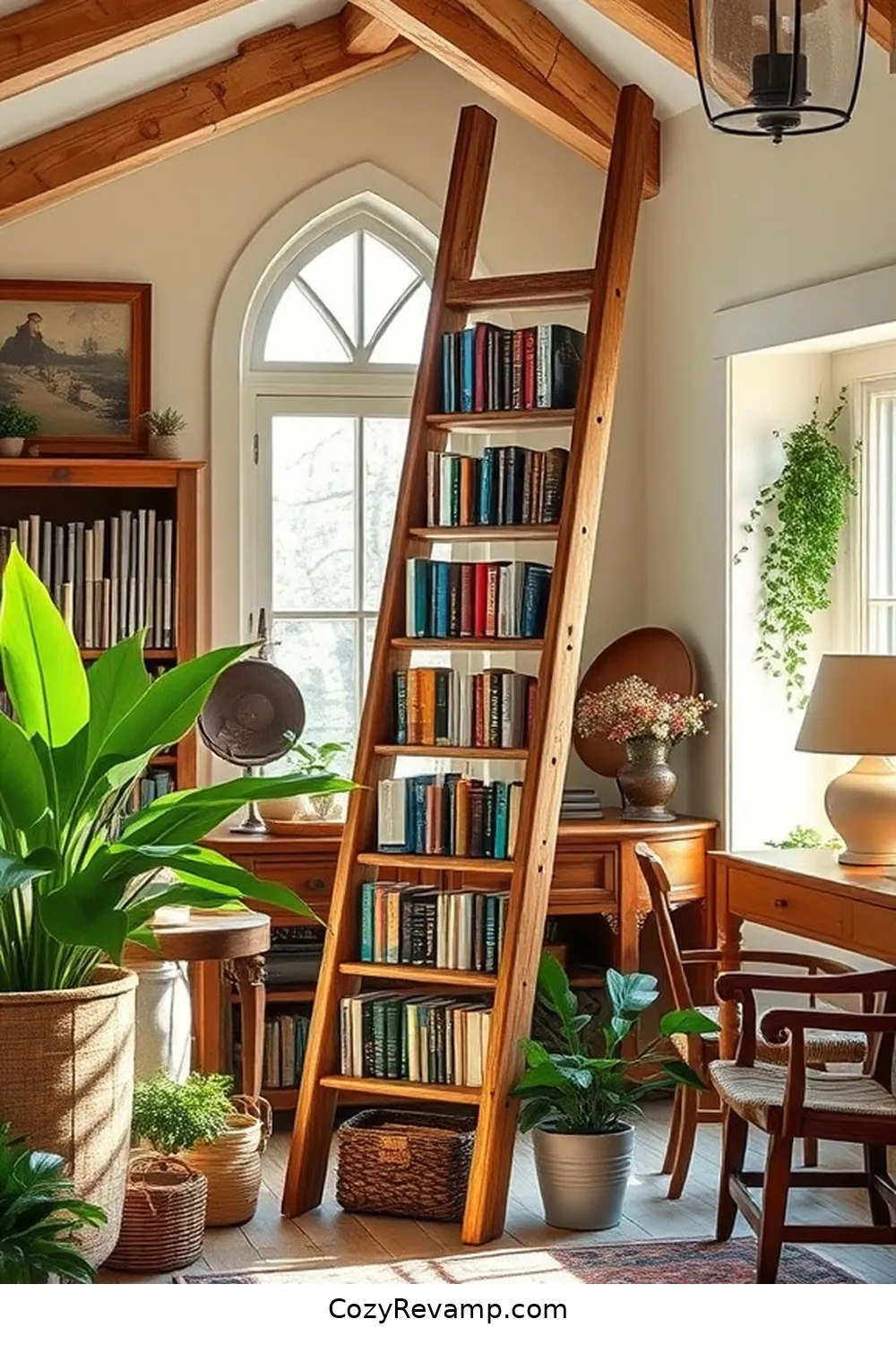 Old Wooden Ladder Book Display for 24 Inspiring Ideas for a Modern Farmhouse Library With Reclaimed Materials
