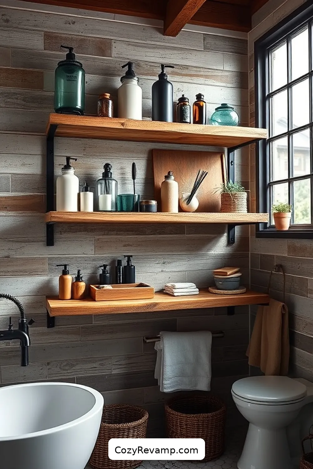 Distressed Wood Shelving for 24 Key Elements of Industrial Bathrooms With Reclaimed Materials