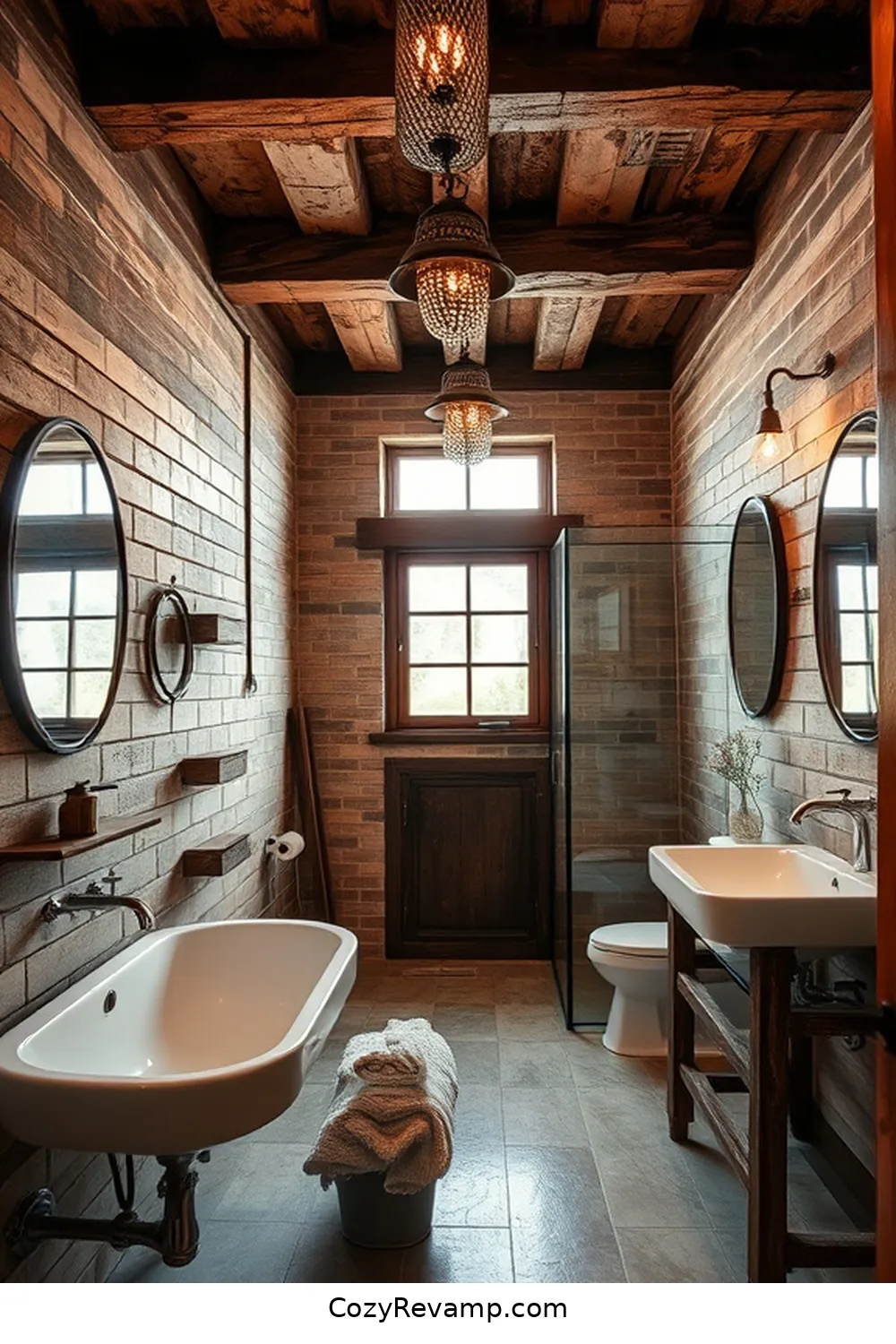 Salvaged Ceiling Beams for 24 Key Elements of Industrial Bathrooms With Reclaimed Materials