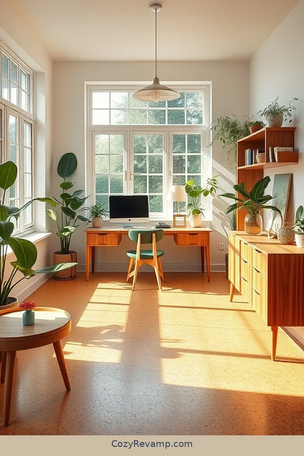 Bright Cork Flooring in a Cozy Office Space for 24 Stunning Mid-Century Modern Home Office Ideas With Cork Material