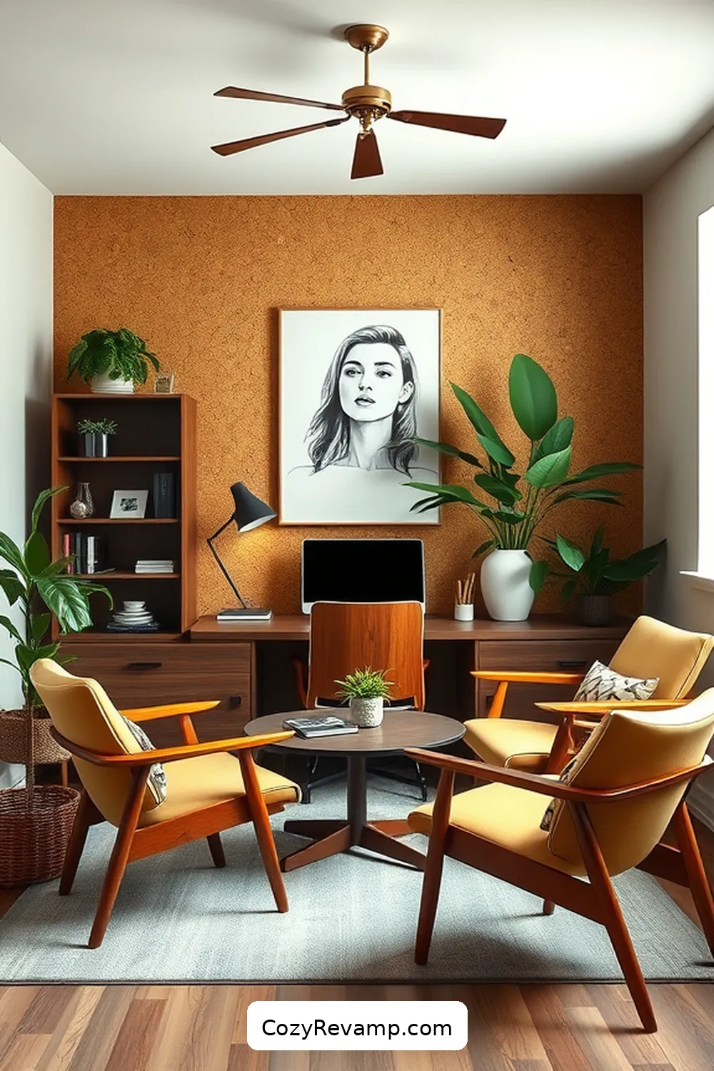 Cork Accent Wall With Mid-Century Modern Furniture for 24 Stunning Mid-Century Modern Home Office Ideas With Cork Material