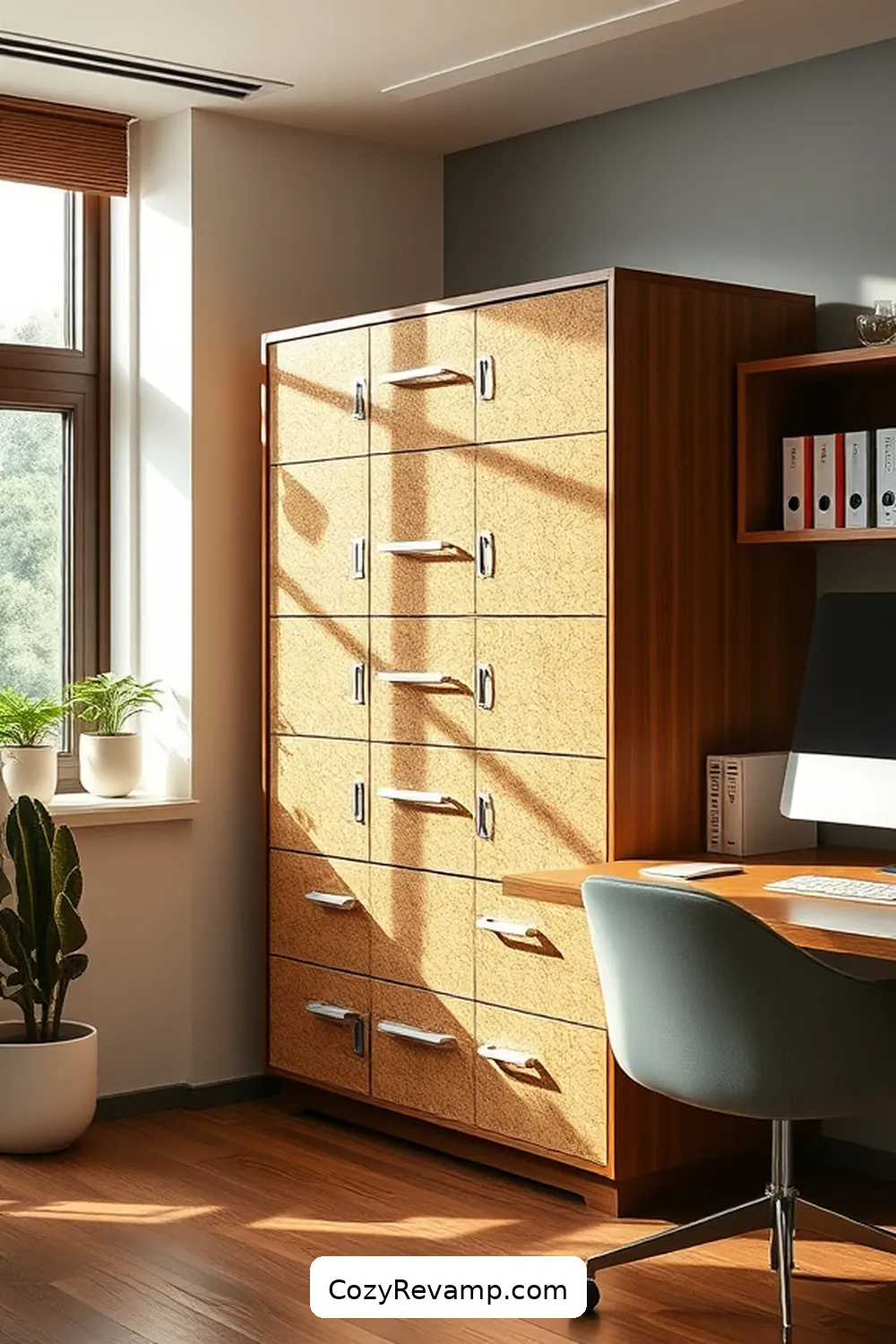 Cork-Covered Filing Cabinets for Stylish Storage for 24 Stunning Mid-Century Modern Home Office Ideas With Cork Material