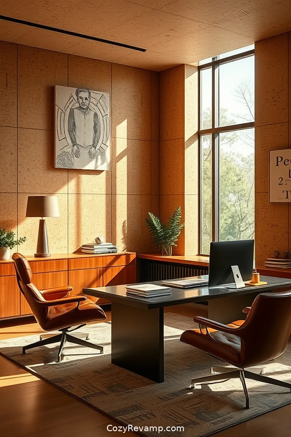 Cork and Leather Accents for Luxury Appeal for 24 Stunning Mid-Century Modern Home Office Ideas With Cork Material