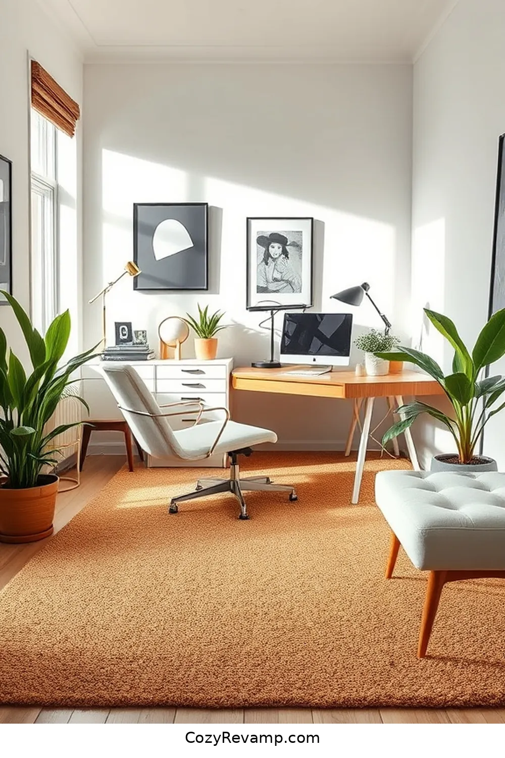 Statement Cork Rug to Define the Space for 24 Stunning Mid-Century Modern Home Office Ideas With Cork Material