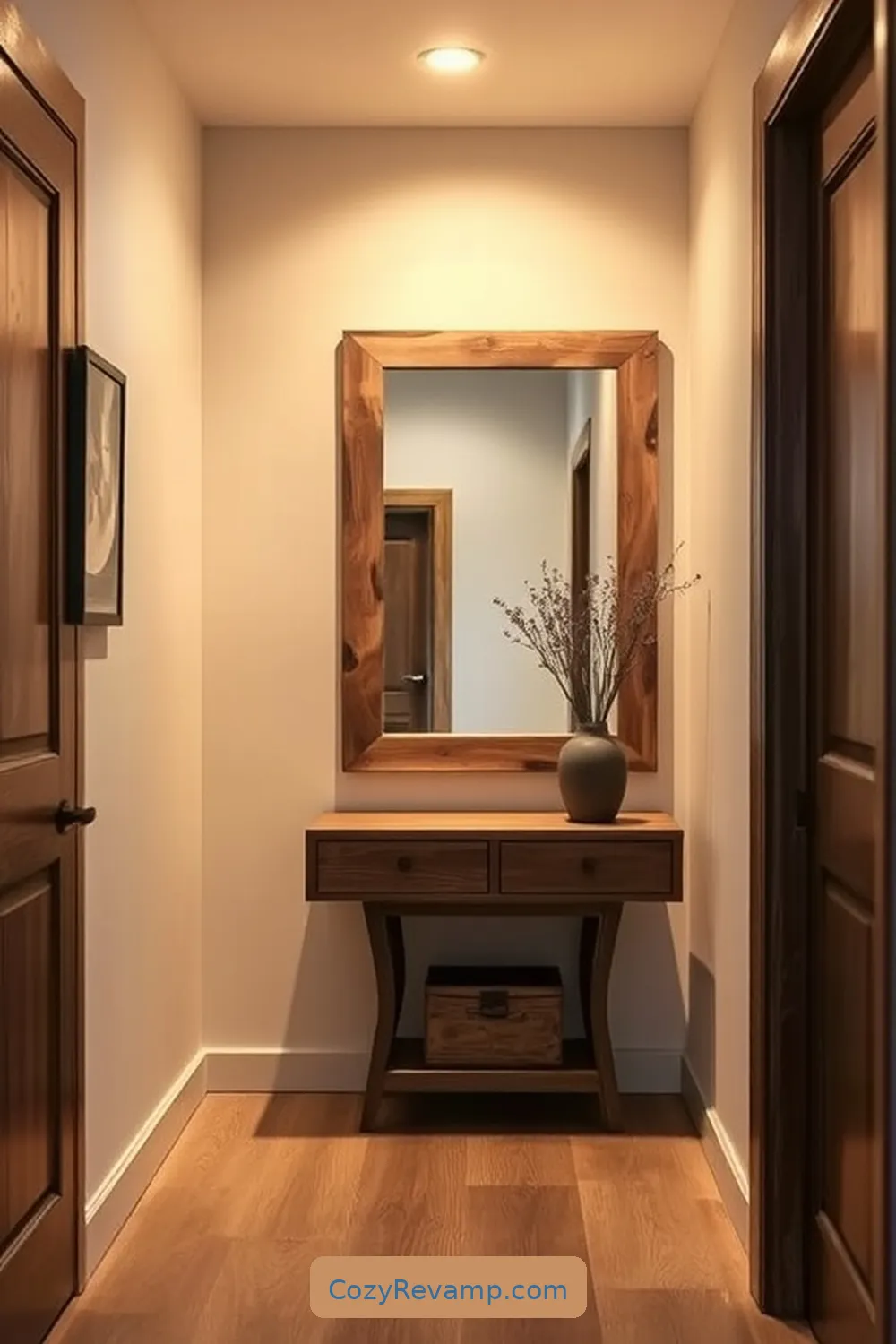 24 Stunning Minimalist Hallway Design Ideas Using Recycled Wood Material 7 Rustic Wood Frame Mirror Feature for 24 Stunning Minimalist Hallway Design Ideas Using Recycled Wood Material