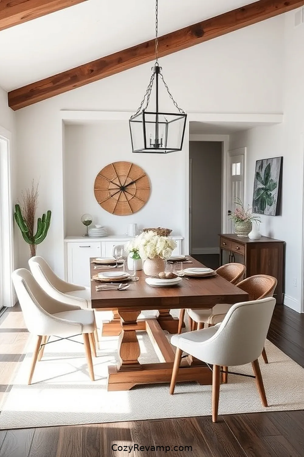 Bright White Walls With Dark Wood Accents for 24 Stunning Modern Farmhouse Dining Room Ideas With Recycled Wood Material