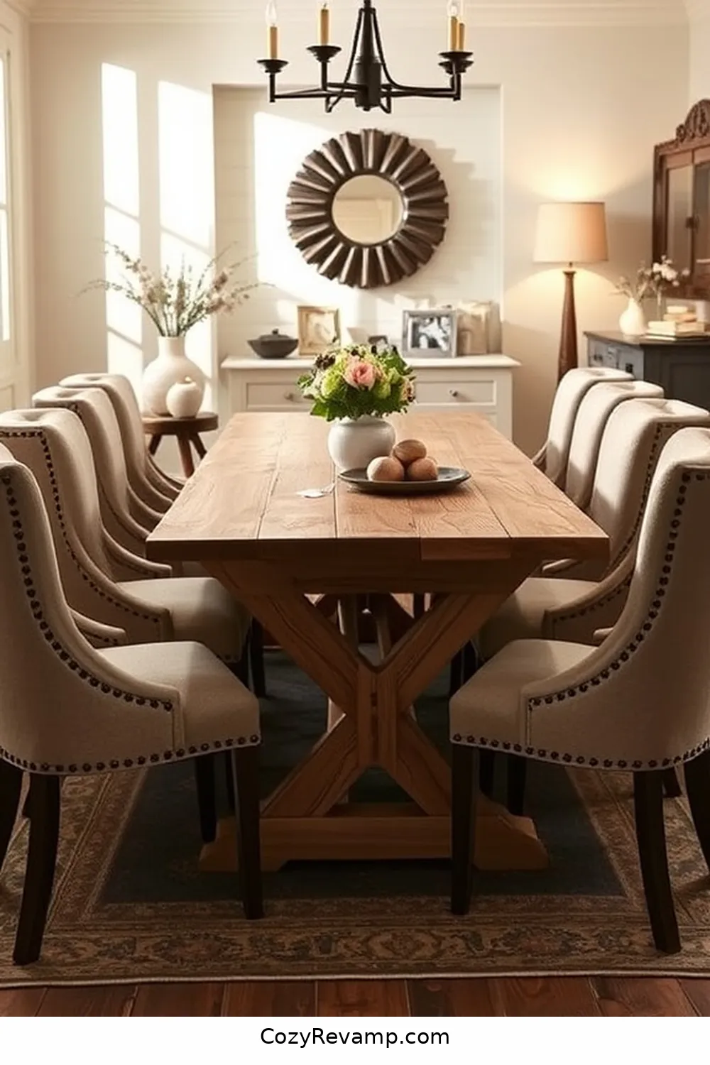 Natural Wood Trestle Table With Cozy Seating for 24 Stunning Modern Farmhouse Dining Room Ideas With Recycled Wood Material