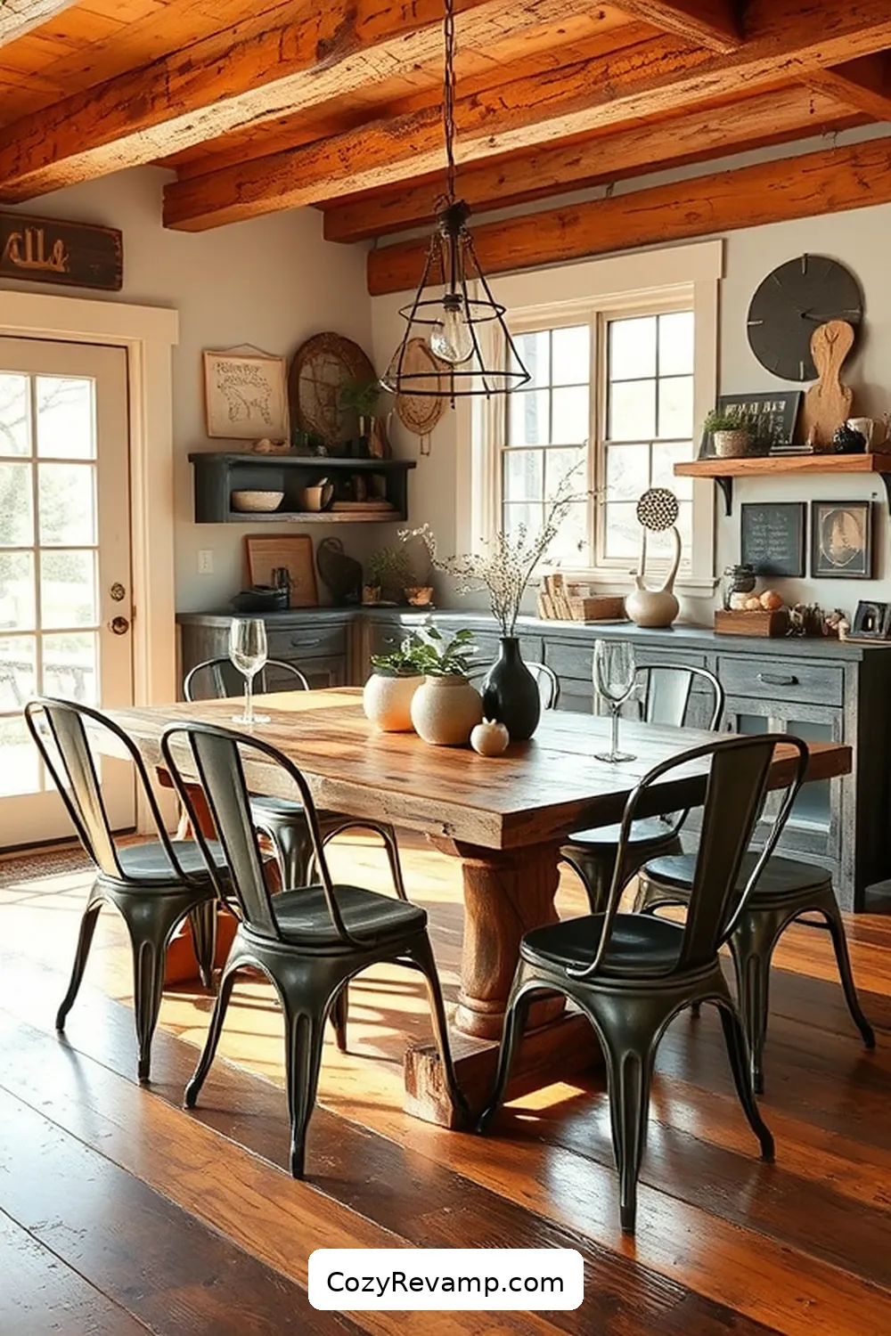 Rustic Dining Room With Vintage Accessories for 24 Stunning Modern Farmhouse Dining Room Ideas With Recycled Wood Material