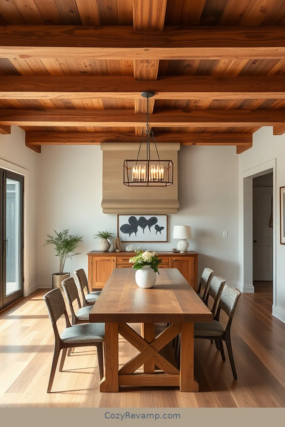 Rustic Wood Beams and Modern Lighting for 24 Stunning Modern Farmhouse Dining Room Ideas With Recycled Wood Material
