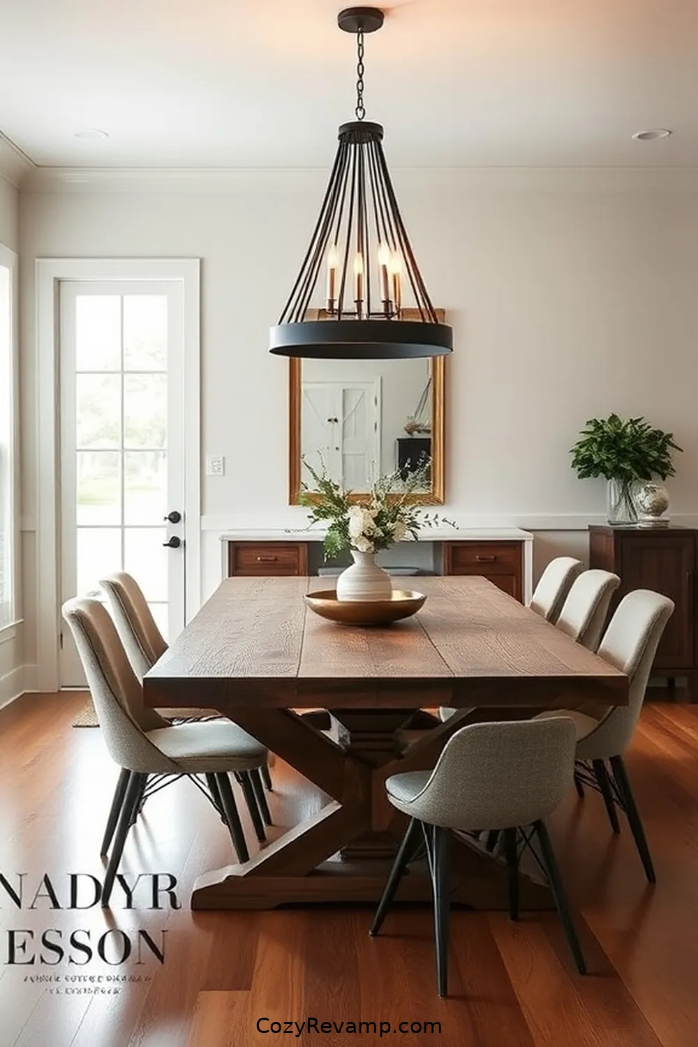 Statement Light Fixture Over a Wooden Table for 24 Stunning Modern Farmhouse Dining Room Ideas With Recycled Wood Material