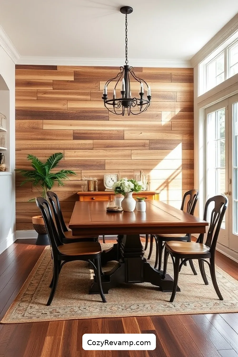 Upcycled Wood Plank Wall Feature for 24 Stunning Modern Farmhouse Dining Room Ideas With Recycled Wood Material