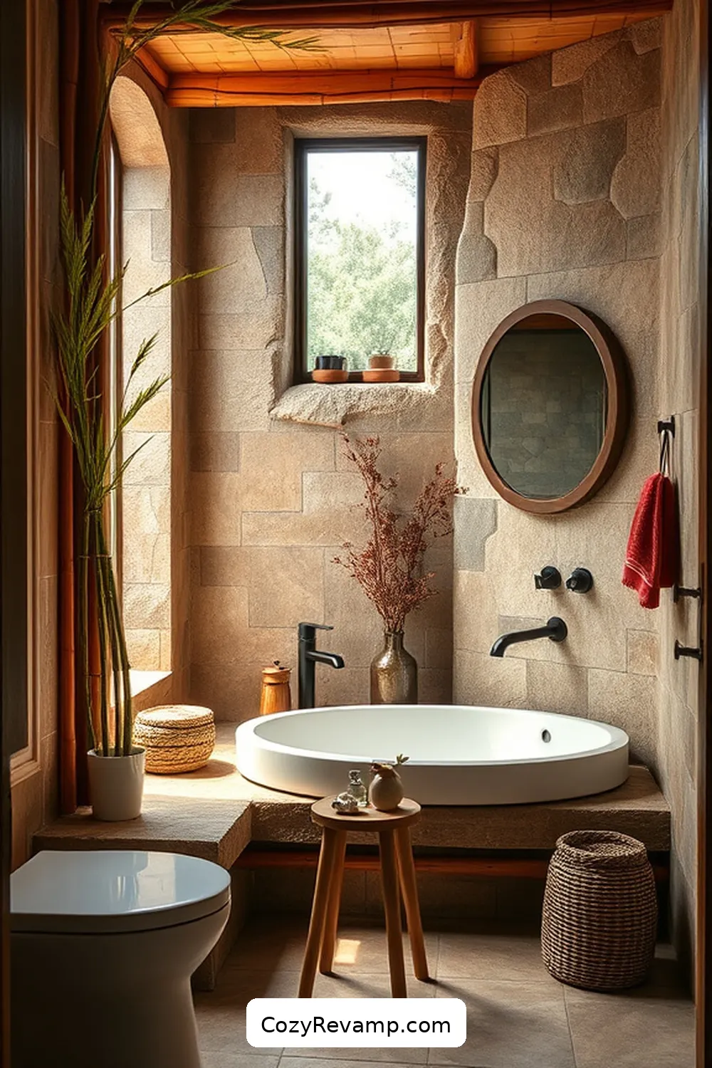 24 Stunning Rustic Bathroom Ideas With Bamboo Material 15 Combining Bamboo With Stone Elements for 24 Stunning Rustic Bathroom Ideas With Bamboo Material