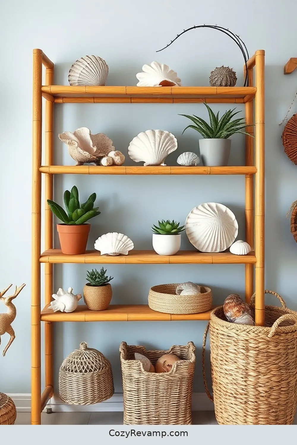 Bamboo Shelving for Display and Function for 24 Ways to Create a Coastal Entryway Using Natural Fibers