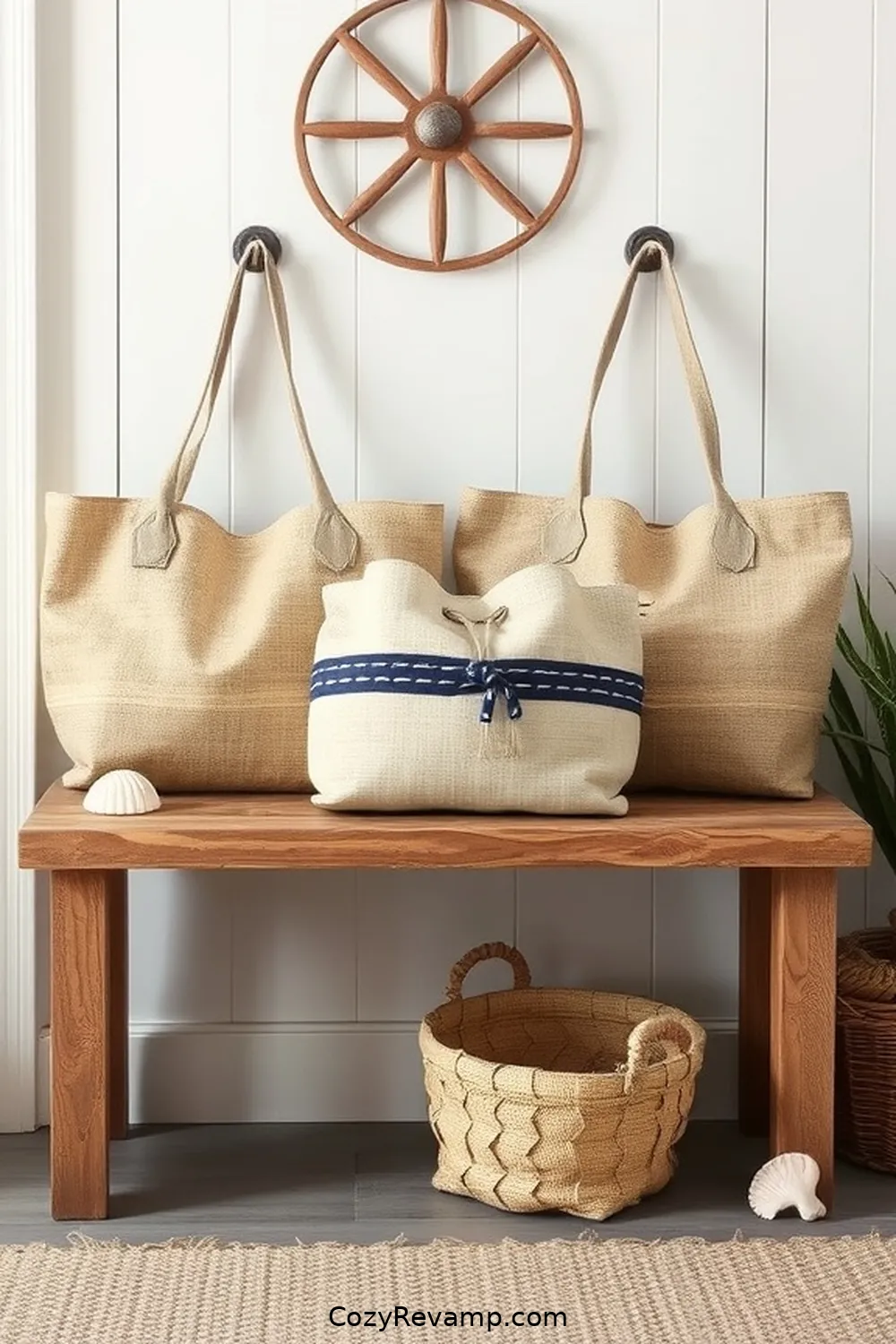 Jute Tote Bags for a Functional Touch for 24 Ways to Create a Coastal Entryway Using Natural Fibers