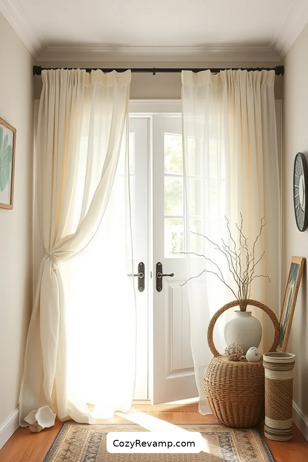 Linen Curtains for Soft Light Filtering for 24 Ways to Create a Coastal Entryway Using Natural Fibers