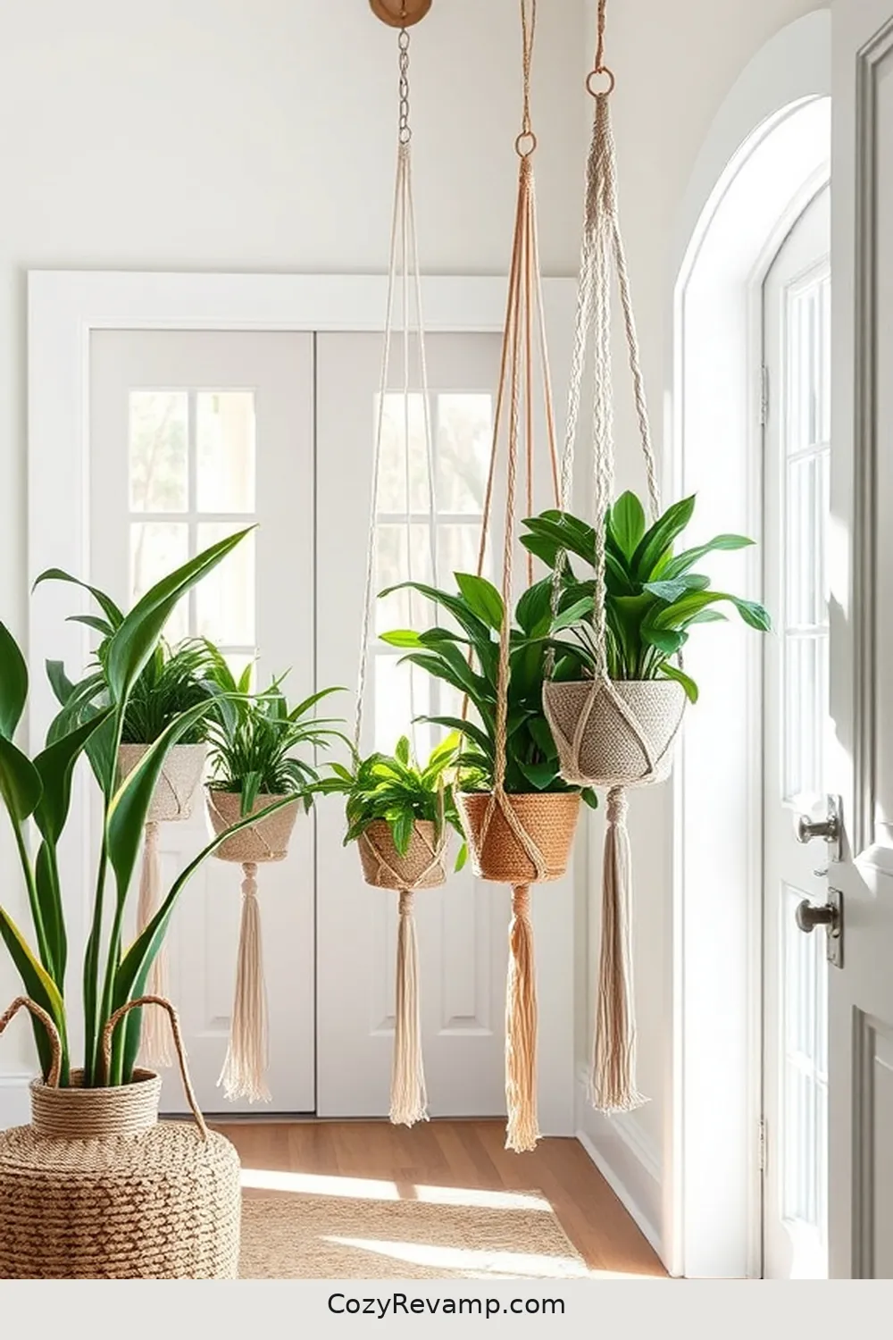 Macrame Plant Hangers for Greenery for 24 Ways to Create a Coastal Entryway Using Natural Fibers