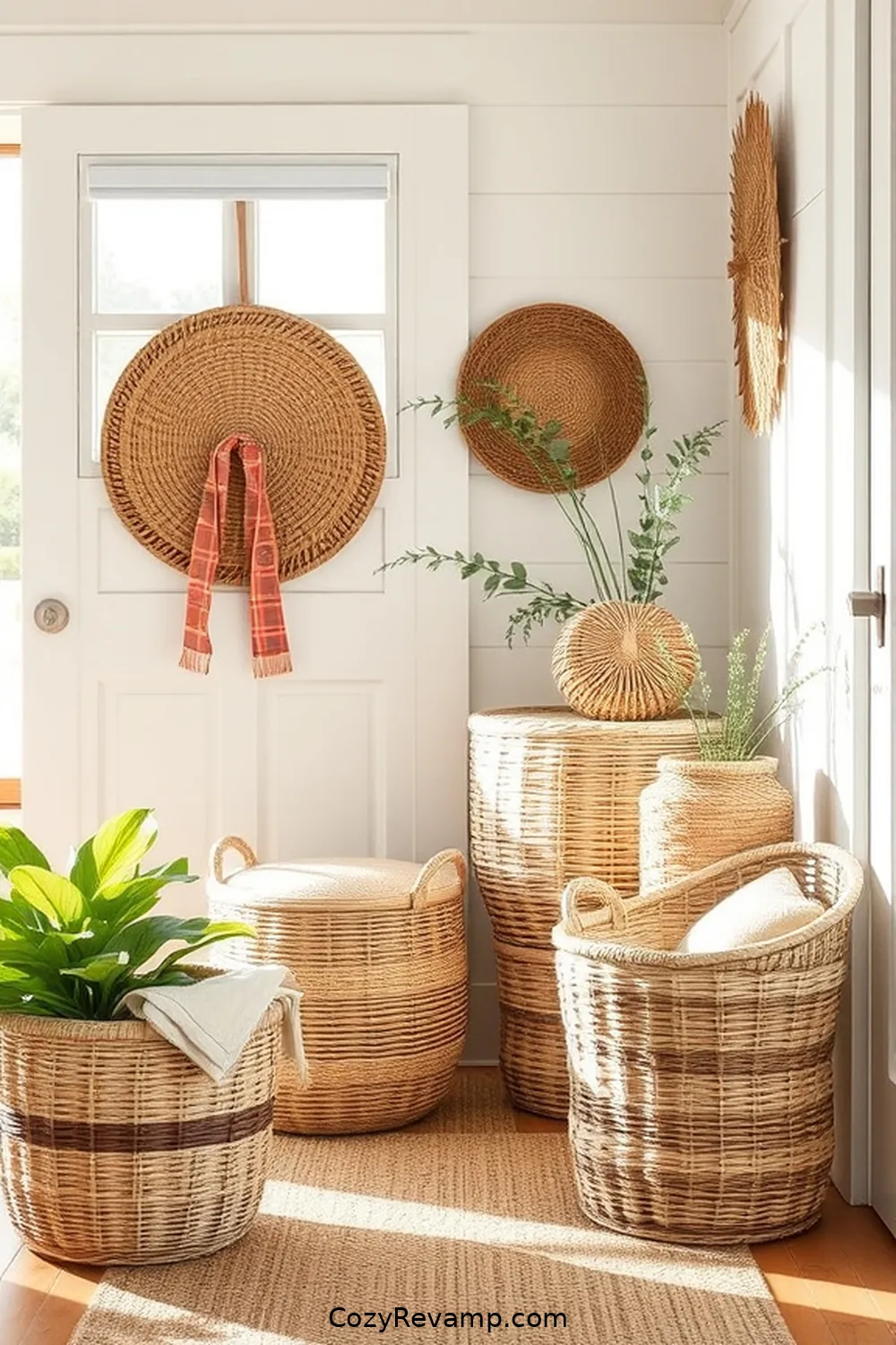 Wicker Baskets for Storage and Style for 24 Ways to Create a Coastal Entryway Using Natural Fibers