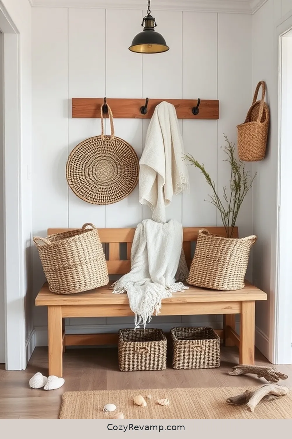 Wooden Benches With Natural Finishes for 24 Ways to Create a Coastal Entryway Using Natural Fibers