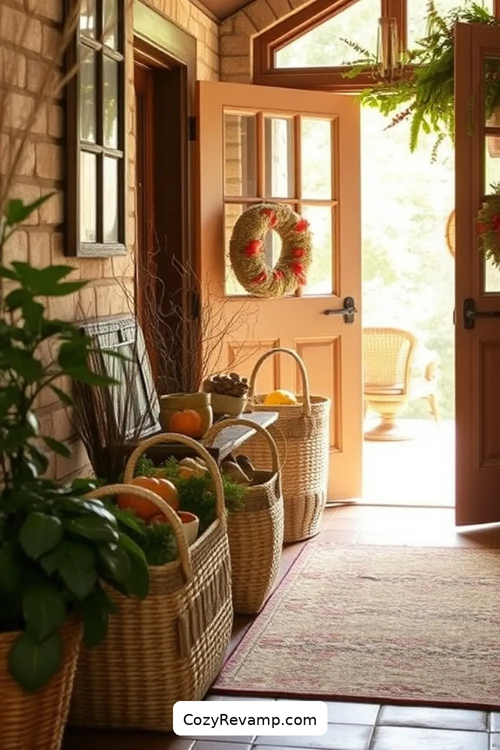 Handwoven Baskets for Seasonal Decor for 24 Ways to Create a Rustic Entryway With Natural Fibers